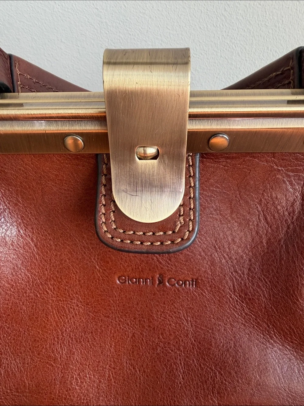 Gianni Conti Brown Italian Leather Metal Frame-Top Satchel Handbag